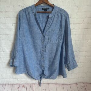 INC chambray blue line tie front top blouse rhinestone buttons roll tab sleeves